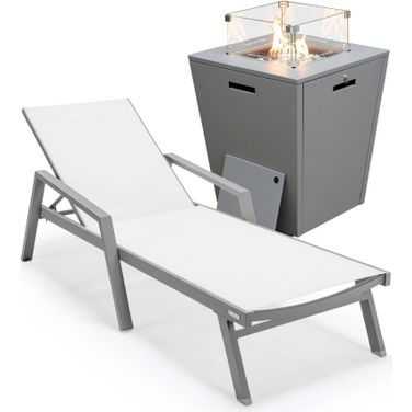 Marlin Outdoor Patio Chaise Lounge Chair With Arms and Square Fire Pit Side Table In White/Grey