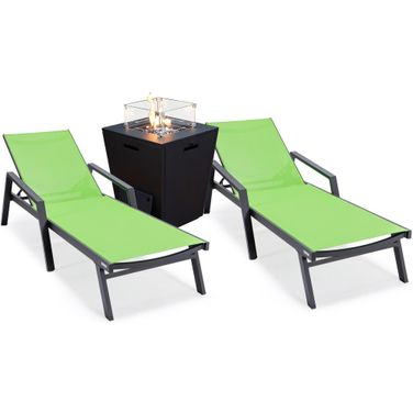 Marlin Outdoor Patio Chaise Lounge Chair With Arms and Square Fire Pit Side Table Set of 2 In Green/Black
