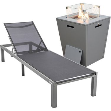Marlin Outdoor Patio Chaise Lounge Chair With Square Fire Pit Side Table In Black/Grey
