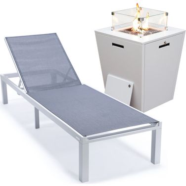 Marlin Outdoor Patio Chaise Lounge Chair With Square Fire Pit Side Table In Dark Grey and White