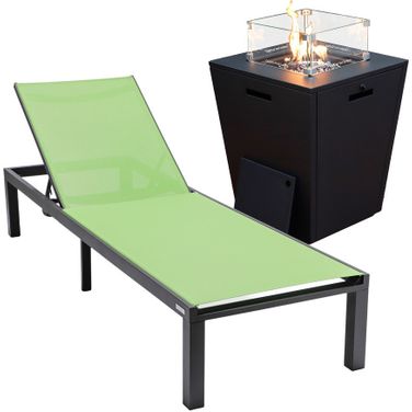Marlin Outdoor Patio Chaise Lounge Chair With Square Fire Pit Side Table In Green/Black