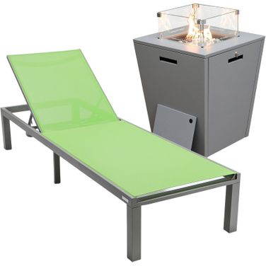 Marlin Outdoor Patio Chaise Lounge Chair With Square Fire Pit Side Table In Green/Grey