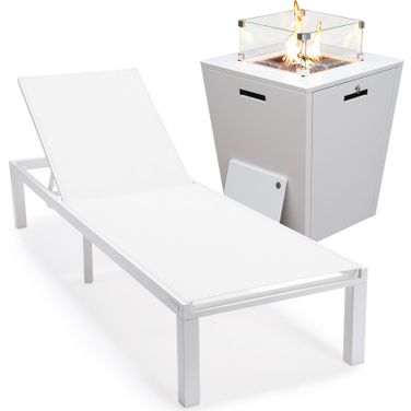 Marlin Outdoor Patio Chaise Lounge Chair With Square Fire Pit Side Table In White