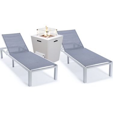 Marlin Outdoor Patio Chaise Lounge Chair With Square Fire Pit Side Table Set of 2 In Dark Grey and White