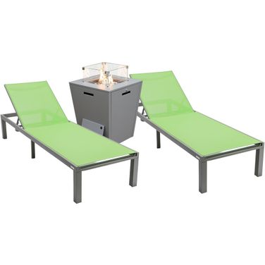 Marlin Outdoor Patio Chaise Lounge Chair With Square Fire Pit Side Table Set of 2 In Green/Grey