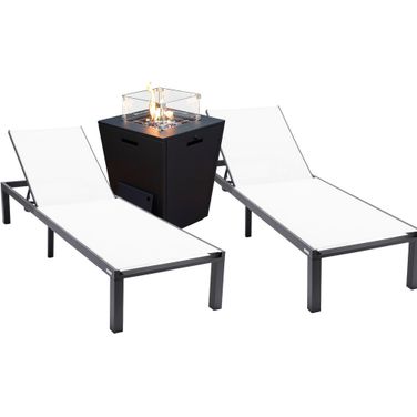 Marlin Outdoor Patio Chaise Lounge Chair With Square Fire Pit Side Table Set of 2 In White and Black