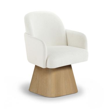 Marlowe Linen Textured Fabric Upholstered Swivel Dining Arm Chair In Cream