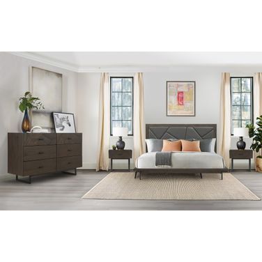 Marquis 4-Piece King Size Platform Bed Frame Bedroom Set In Oak Wood with Faux Leather Headboard