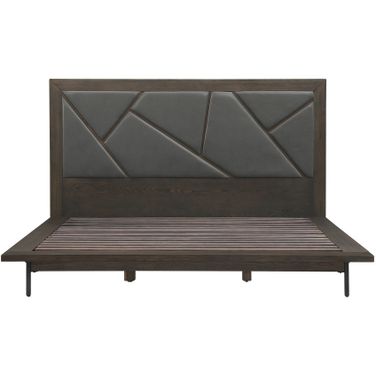Marquis King Size Platform Bed Frame In Oak Wood with Faux Leather Headboard and Black Metal Legs