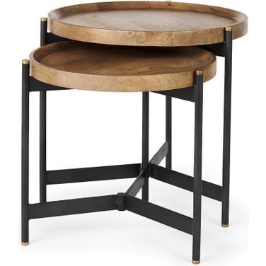 Marquisa Light Brown Wood With Black Metal Base Nesting Side Tables Set of 2
