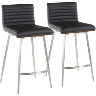 Mason Contemporary Swivel Counter Stool In Stainless Steel, Walnut Wood, And Black Faux Leather - Set Of 2