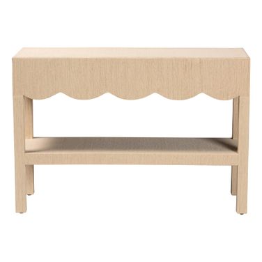 Mason Natural Grasscloth Console Table with Scalloped Apron In Beige