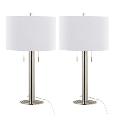 Master 29 Inch Linen Shade Metal Table Lamp Set of 2 In Polished Nickel and White