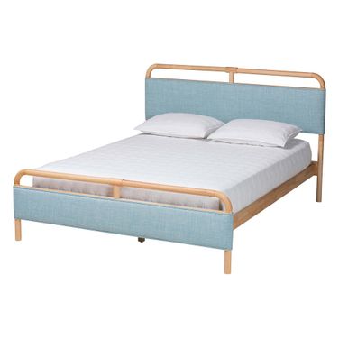 Mateo Fabric and Natural Wood Queen Platform Bed In Natural and Blue