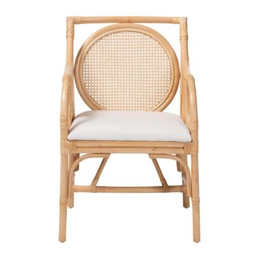 Matt Arm Chair with Upholstered Seat In Natural Rattan and White