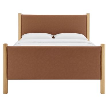 Maven King Vegan Leather Upholstered Platform Bed In Tan and Oak
