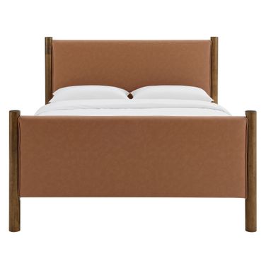 Maven King Vegan Leather Upholstered Platform Bed In Tan and Walnut