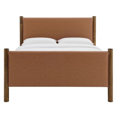 Maven Queen Size Vegan Leather Upholstered Platform Bed In Tan and Walnut