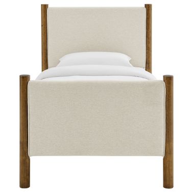 Maven Twin Size Fabric Upholstered Platform Bed In Ivory and Walnut