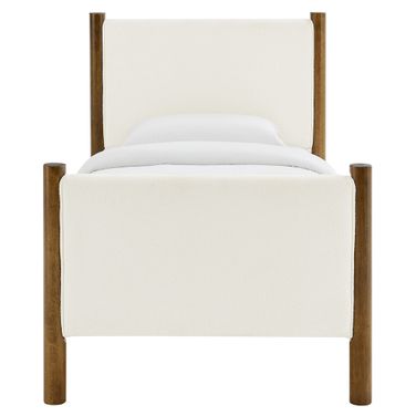 Maven Twin Size Boucle Upholstered Platform Bed In Feather and Walnut