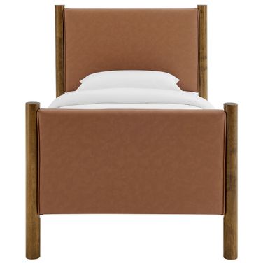 Maven Twin Size Vegan Leather Upholstered Platform Bed In Tan and Walnut
