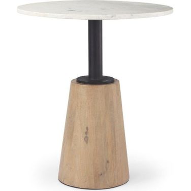 Maxwell 32 Inch Round White Marble Tabletop With Blonde Wood And Black Metal Accent Pedestal Bistro Table