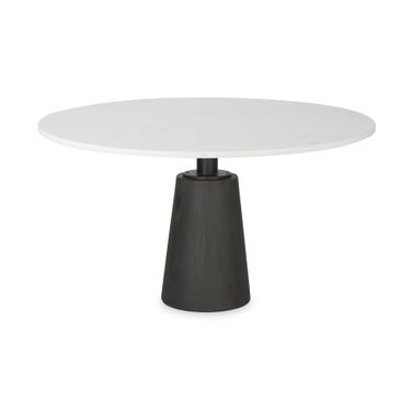 Maxwell Black Metal and Wood Pedestal Base Round Dining Table In White Marble Top