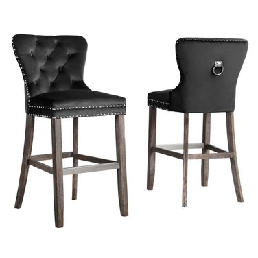 Maya Bar Stools Set of 2 with Footrest In Rustic Black Velvet and Chrome Handle
