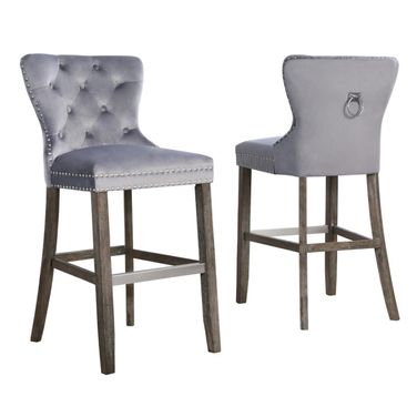 Maya Bar Stools Set of 2 with Footrest In Rustic Gray Velvet and Chrome Handle
