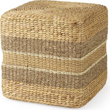 Maya Medium Brown Stripes Seagrass Square Pouf In Light Brown