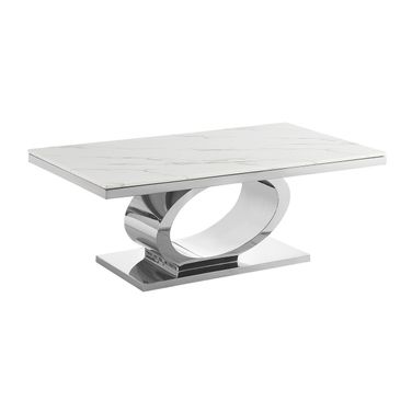 Megan Coffee Table In White Marble and Stainless Steel Oval Base