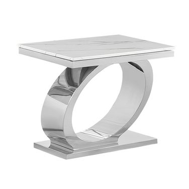 Megan End Table In White Marble and Stainless Steel Oval Base