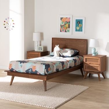 Melora Wood and Rattan 3 Piece Twin Bedroom Set In Walnut Brown