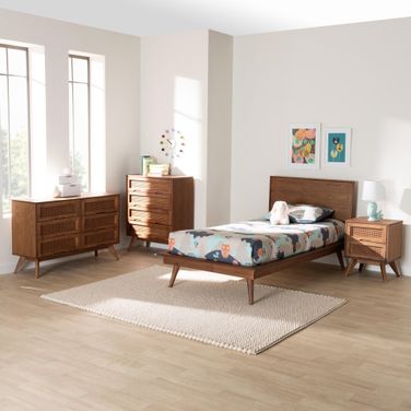 Melora Wood and Rattan 4 Piece Twin Bedroom Set In Walnut Brown