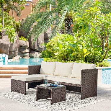 Menton Steel Rattan 2-Piece Chair Lounge And 2 Seater With Coffee Table Patio Set In Cream