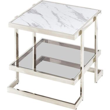 Metal And Marble Glass In Side Table In Silver And White