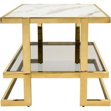 Metal And Marble Glass Side Table In Gold And White