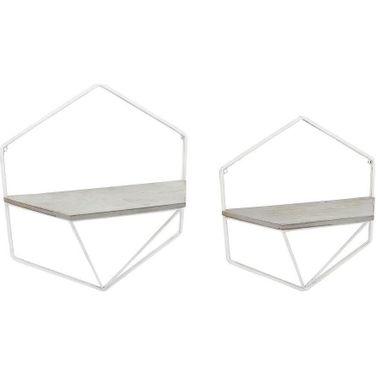 Metal And Wood He x agon Wall Shelves Set of 2 In White And Gray