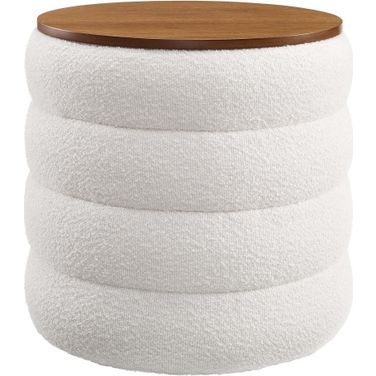 Mezzo Boucle Fabric Storage Round Ottoman In Cloud