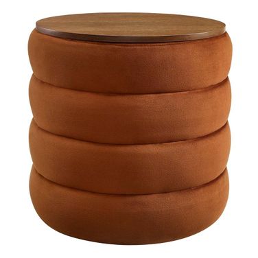Mezzo Performance Velvet Storage Round Ottoman In Rust