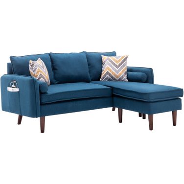 Mia Blue Sectional Sofa Chaise With Usb Charger &amp; Pillows