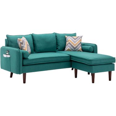Mia Green Sectional Sofa Chaise With Usb Charger &amp; Pillows