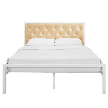 Mia Vinyl Queen Bed In White and Champagne