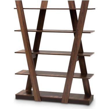 Michio Modern and Contemporary Walnut Brown Finished 5-Tier Wood Geometric Living Room Display Shelf