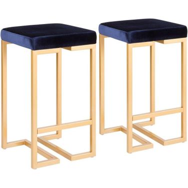 Midas 26 Inch Contemporary-Glam Counter Stool In Gold With Blue Velvet Cushion - Set Of 2