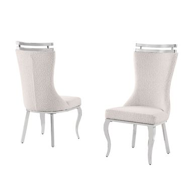 Mike Boucle Fabric Dining Chair Set of 2 in Cream and Chrome