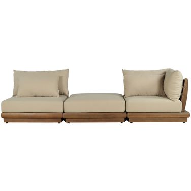 Mirella 112 Inch Fabric Upholstered 3 Piece Outdoor Patio Modular Sofa In Tan and Stained Natural