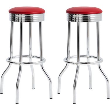 Retro Upholstered Top Bar Stools Red and Chrome Set of 2