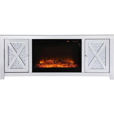 Modern 59 Inch Crystal Mirrored Tv Stand With Wood Log Insert Fireplace MF9904-F1