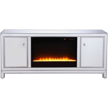 Modern 60 Inch Mirrored Tv Stand With Crystal Fireplace Insert In Antique Silver